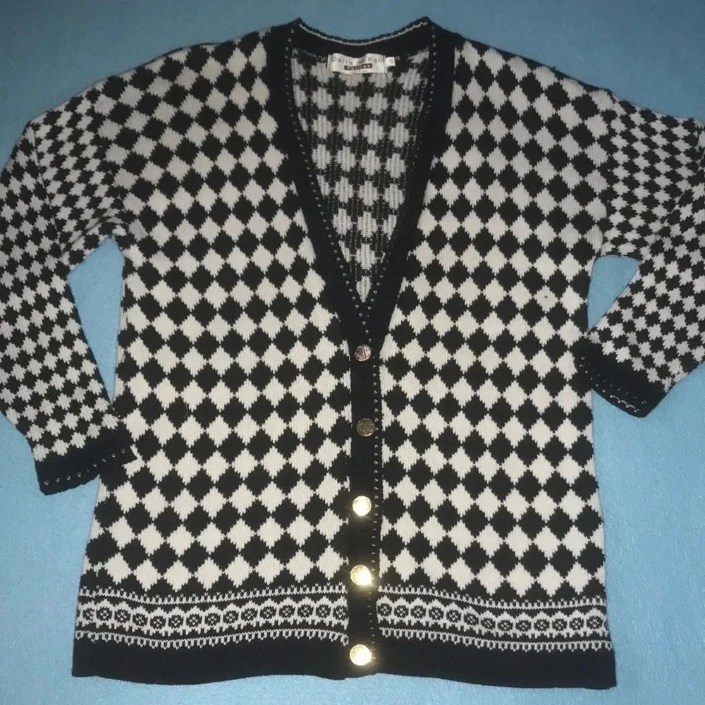 DELIA MCKAIN vintage harlequin pattern gold buttons cardigan petite size S